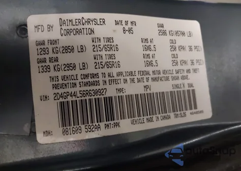 2006 Dodge Grand Caravan Sxt z USA, uszkodzony, nr VIN 2D4GP44L56R630927